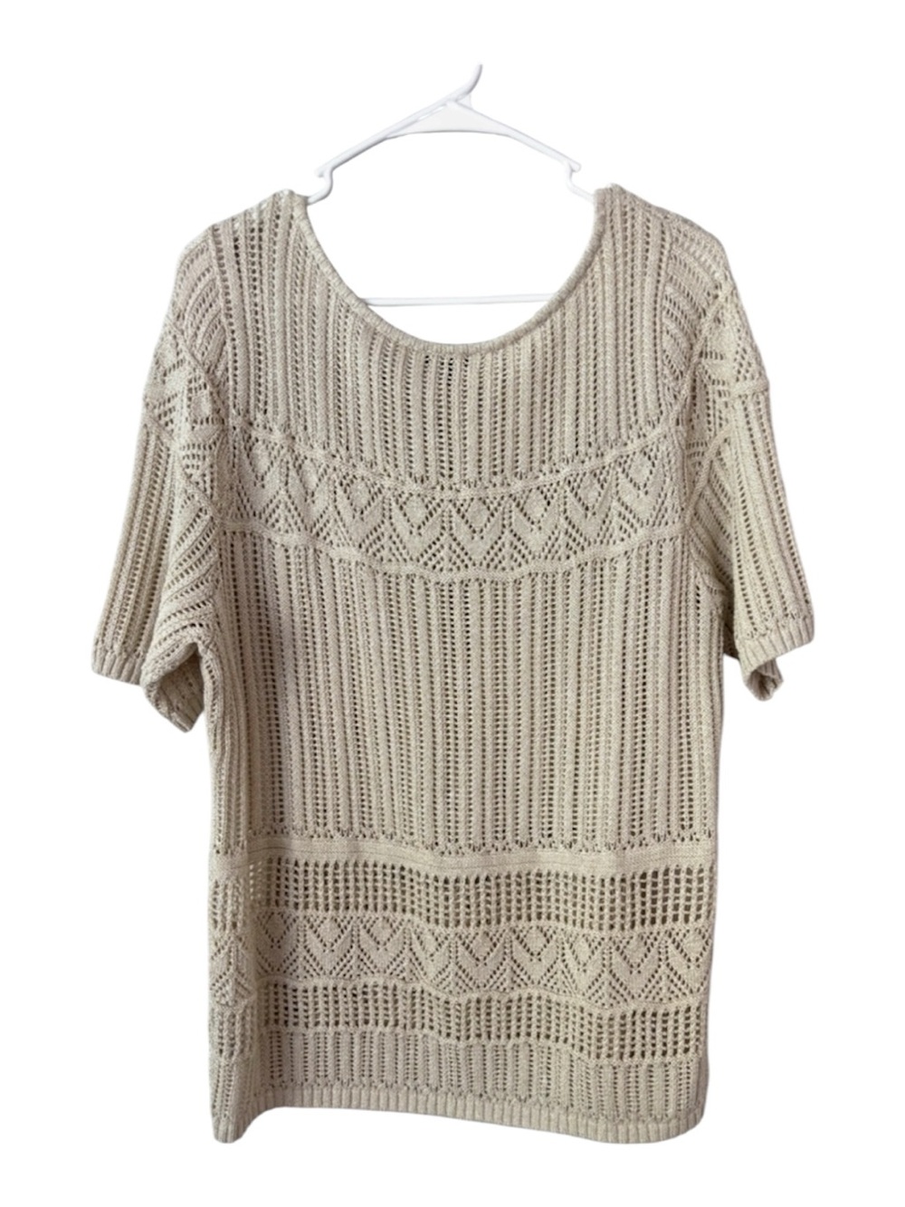 NWOT Talbots Tan golden Metalliac Openwork Crochet Short Sleeve Sweater SZ XL